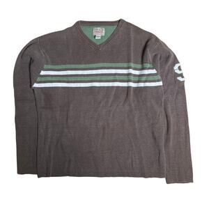Vintage Fossil Brown Striped Number Patch Long Sleeve Sweater Men Size M